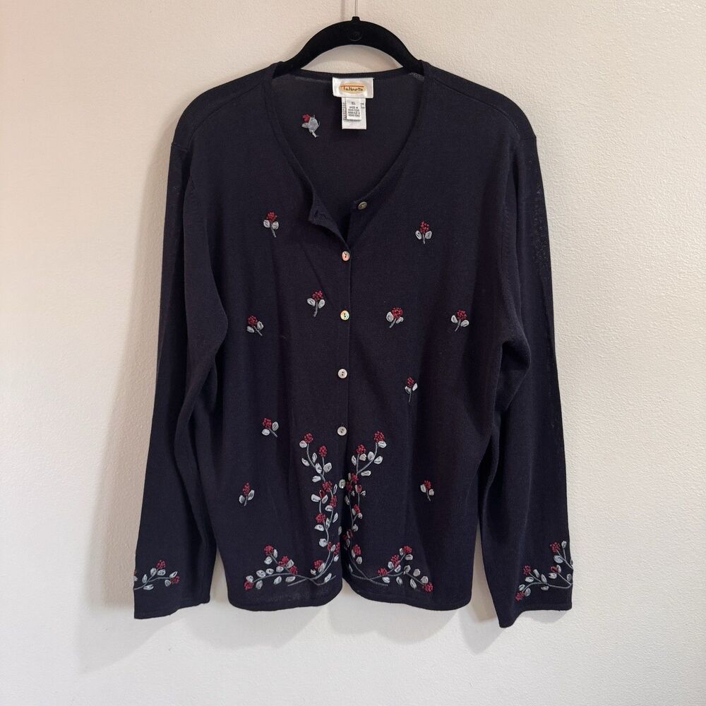 Talbots Cardigan Sweater XL Embroidered Floral Navy Blue Cotton Knit Cottage